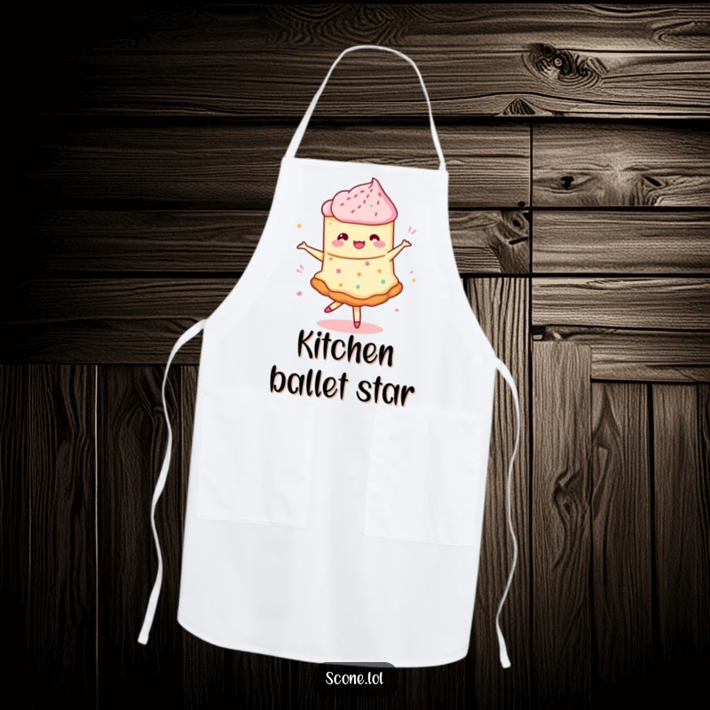 Funny apron with a scone doing a whimsical pirouette with jam swirling, a humorous and stylish kitchen accessory.