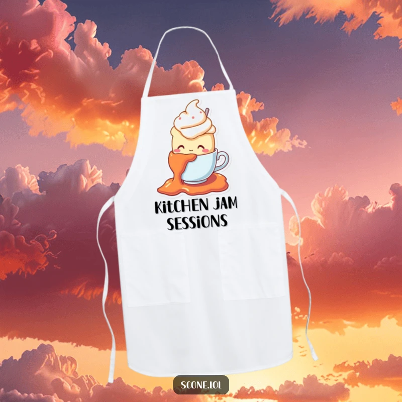 Funny apron showing a scone character wearing a teacup hat and slipping on jam, perfect for chefs who enjoy a good laugh.