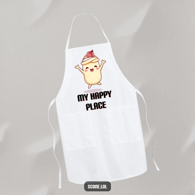 Funny scone apron with a scone in a tiny teacup hat jumping with excitement, perfect for bakers and as a funny gift.