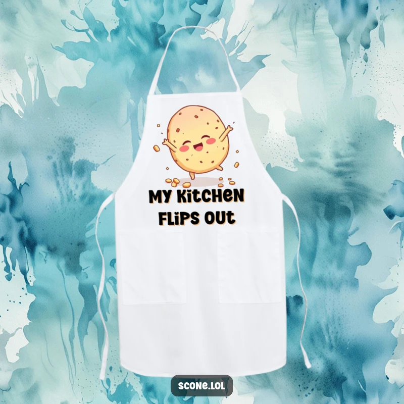 Funny Scone Character Apron, giggling while performing a cartwheel, scattering playful crumbs, ready for kitchen chaos.