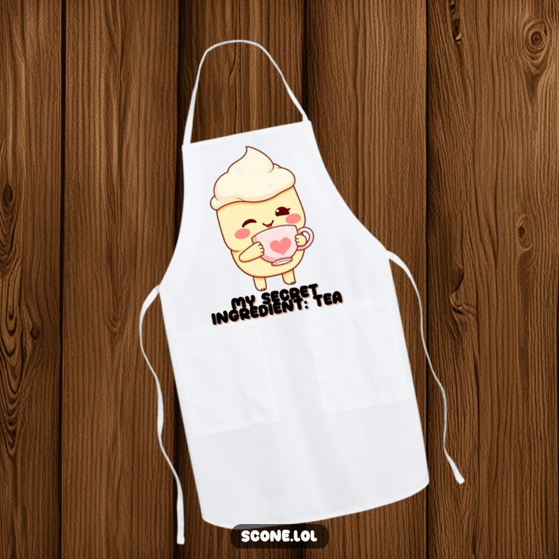 Funny Scone Character Apron, winking charmingly while holding a miniature teacup, ready for culinary fun.