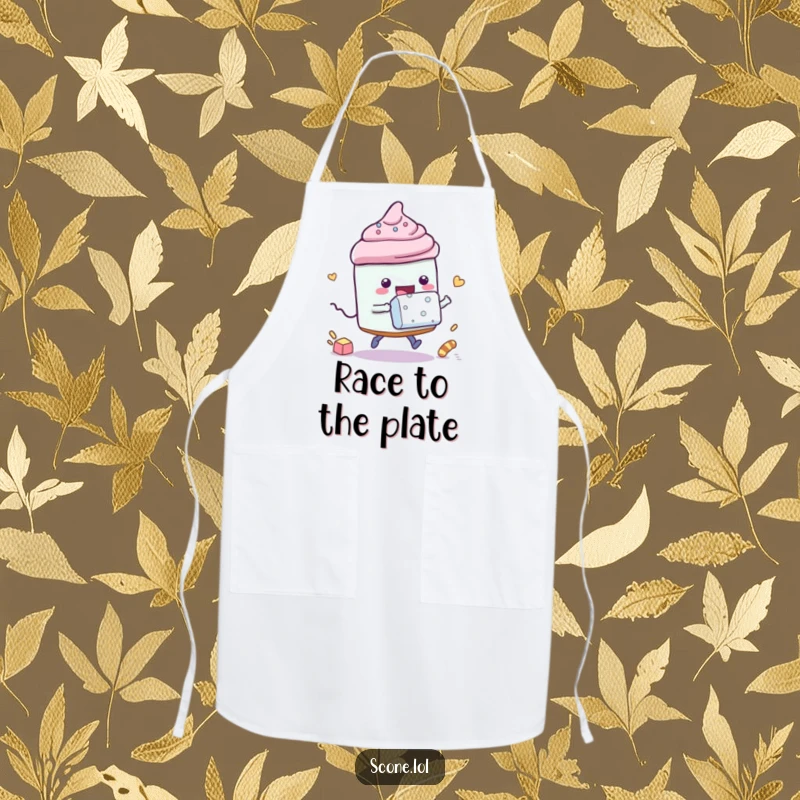 Funny apron showing a scone character playfully racing a sugar cube, perfect for a chef who loves speed and fun.