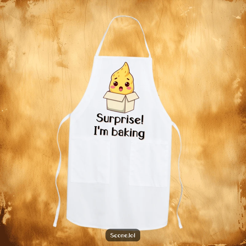 Funny scone apron, a baked good with a surprised face emerging from a box, adding humor to kitchen wear.