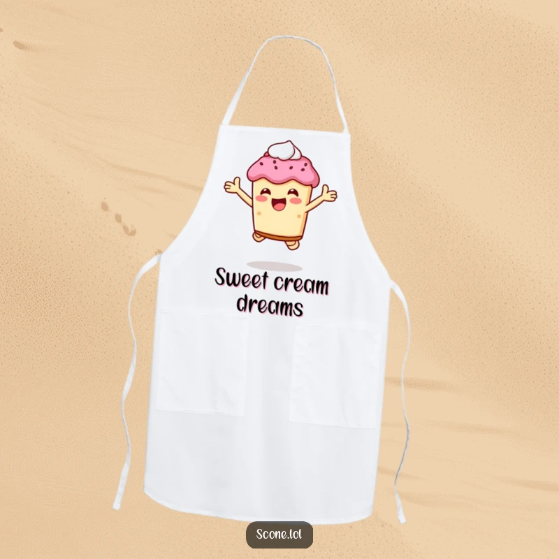 Funny scone character in a joyous leap, holding cream, on a practical and humorous baking apron.