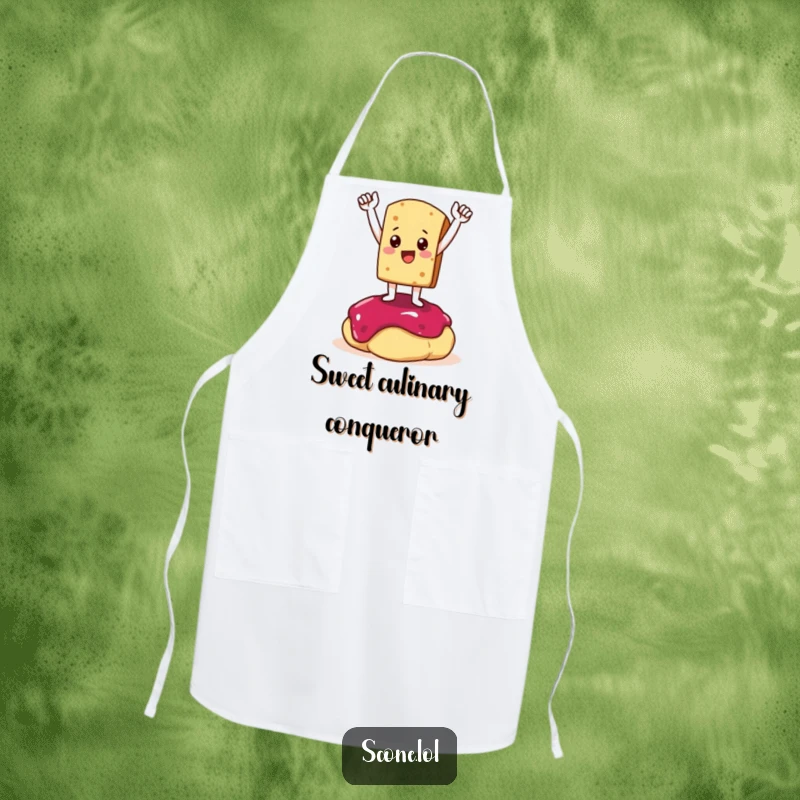 Funny Apron: A scone character poses triumphantly on a dollop of jam, bringing a humorous and victorious vibe to the kitchen.