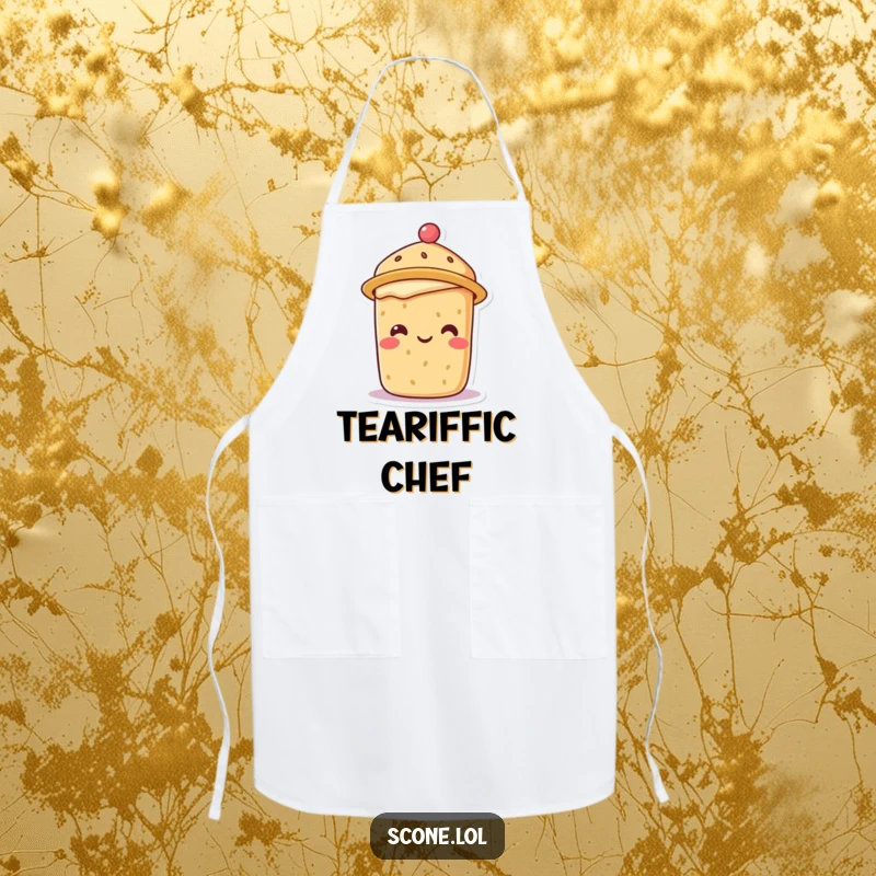Smiling scone character wearing a tiny tea hat, on a practical and humorous baking apron.