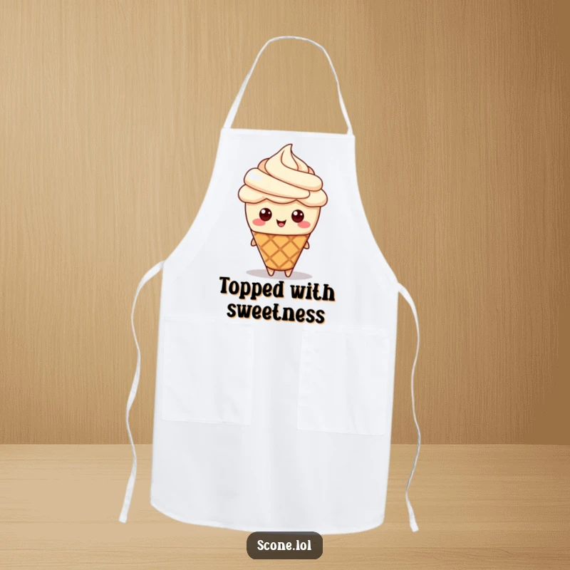 Funny apron showcasing a scone character with a cream hat, bringing a charming and humorous feel to kitchen tasks.