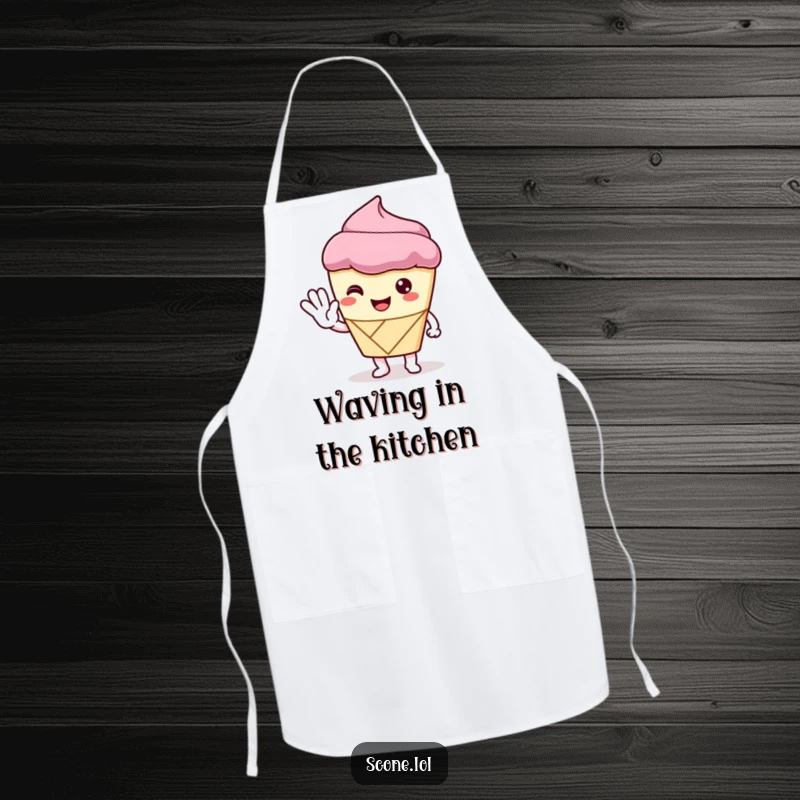 Funny Apron showing a scone character offering a polite wave, perfect for bakers who love to add a friendly touch to cooking.
