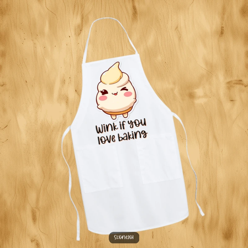 Funny apron featuring a charming scone character giving a friendly wink, perfect for adding playful spirit to the kitchen.