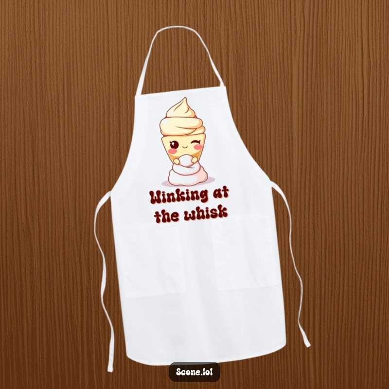 Funny scone character chef winking while balancing cream, depicted on a practical and humorous kitchen apron.