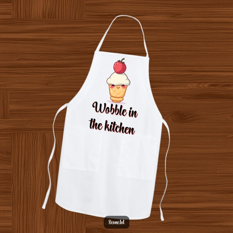 Funny scone apron with a smiling scone balancing a wobbly berry on its head, perfect for cooks and as a funny gift.