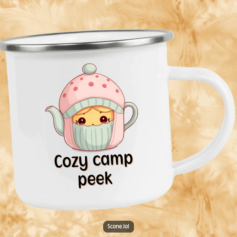 Funny scone curiously peeking from under a tea cozy on a rugged camping mug for outdoor enjoyment.