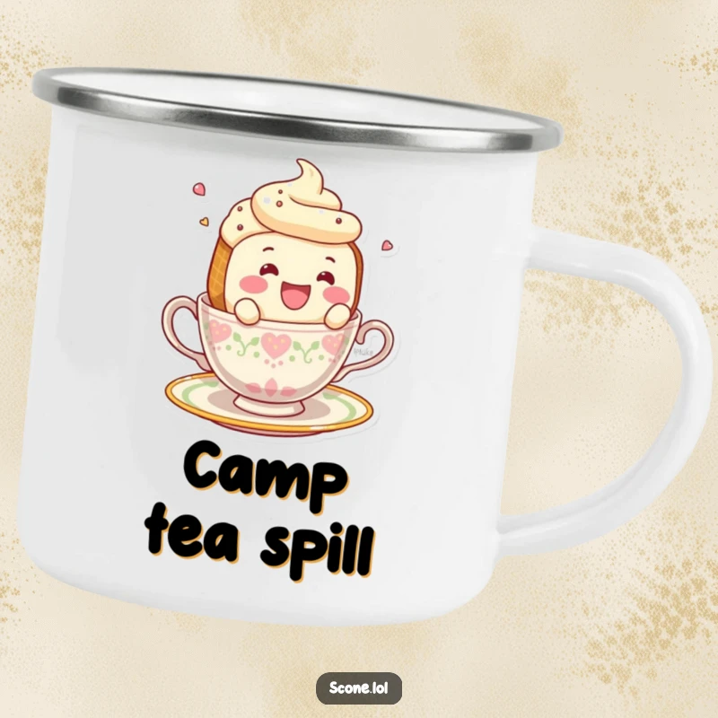 Funny smiling scone character comically falling off a teacup on a sturdy camping mug.