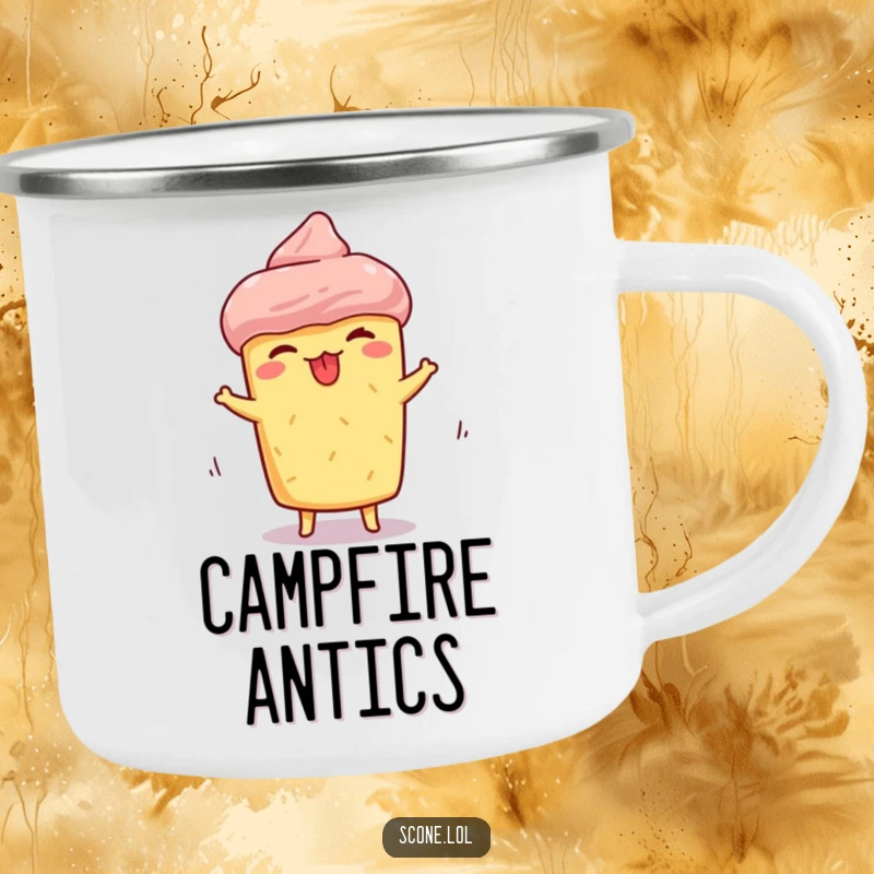 Funny scone camping mug, featuring a scone making a silly face with tongue sticking out while spinning, durable and humorously playful.