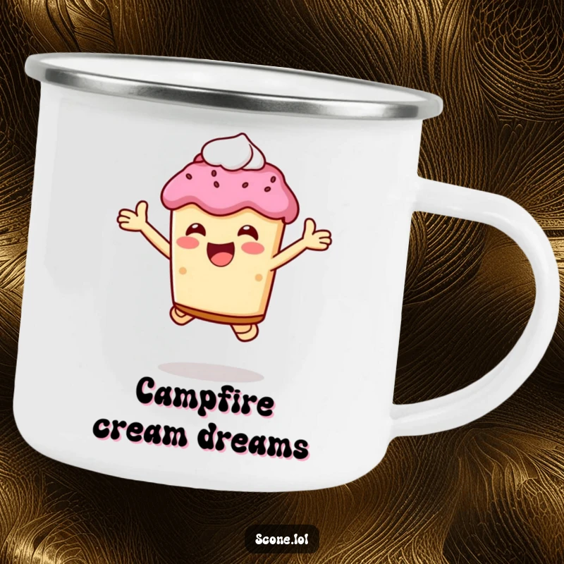 Funny scone character jumping with glee, holding cream, designed for durability and humor on a camping mug.