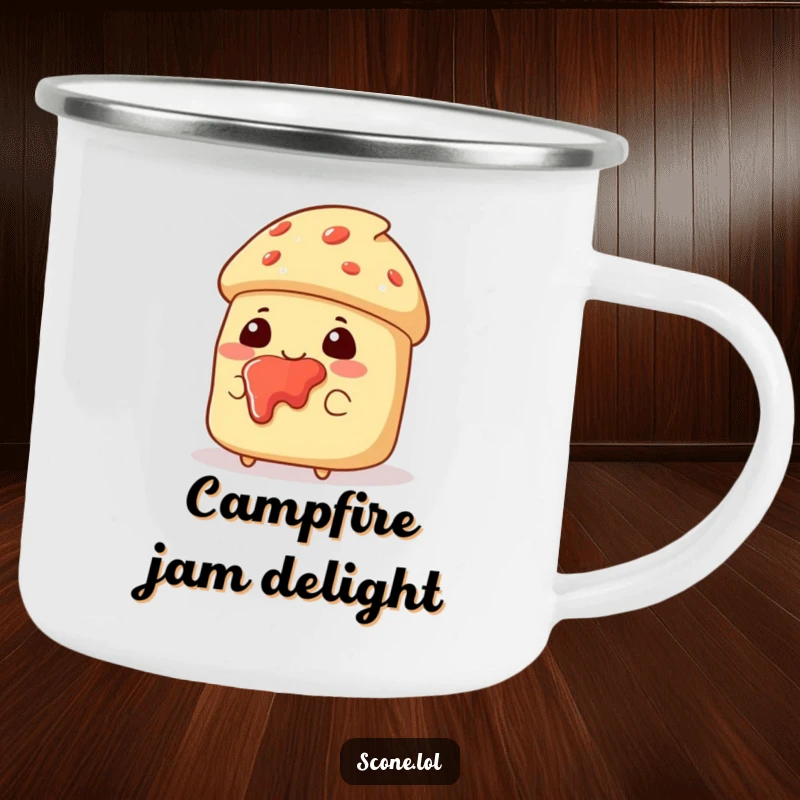 Funny camping mug with a scone character with jam splattered on its face, looking pleased and ready for messy outdoor enjoyment.