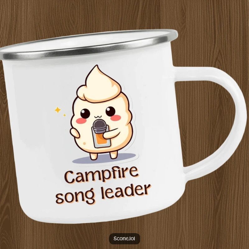 Funny camping mug with a scone character holding a teabag microphone, ready for campfire concerts.