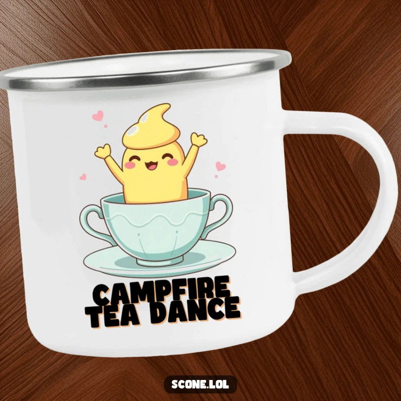 Funny Teacup Dance Scone Camping Mug: A durable enamel mug featuring a scone character doing a clumsy, fun dance inside a teacup.