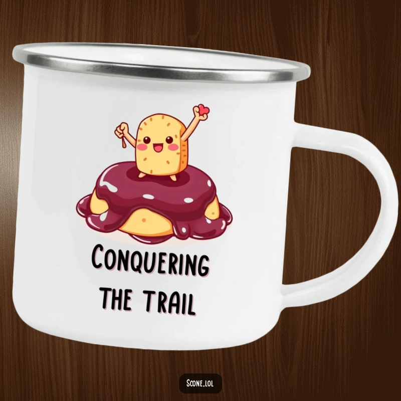 Funny Scone Camping Mug: A rugged mug featuring a triumphant scone character atop jam, ready for humorous outdoor celebrations.