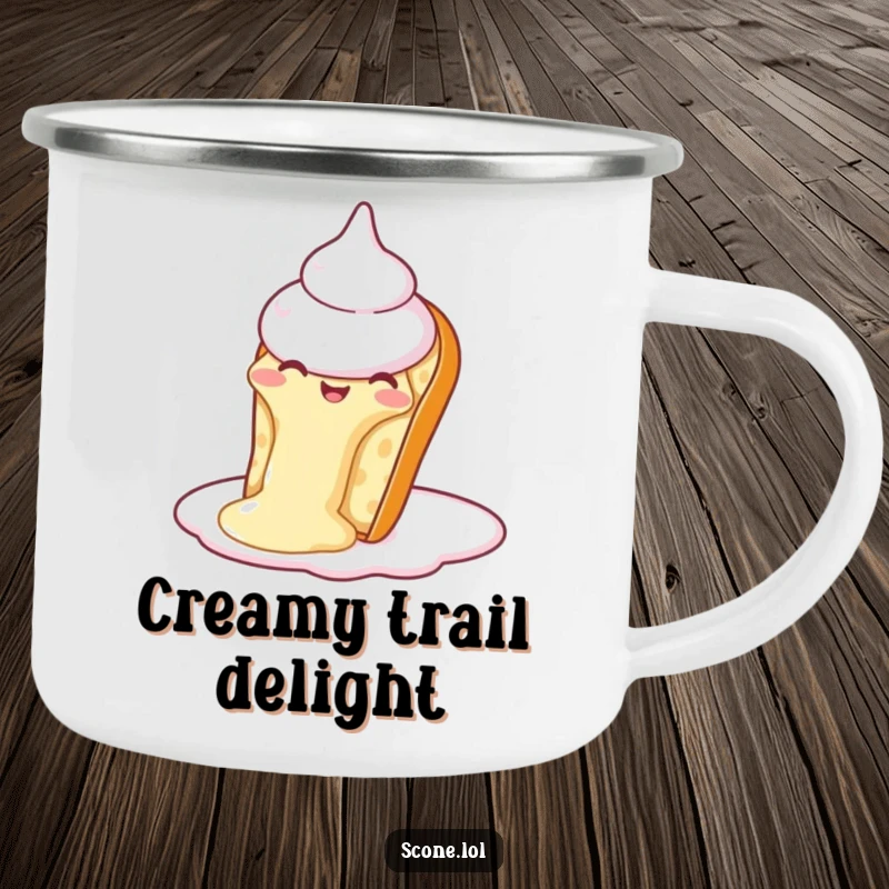 Funny Scone Cream Slide Camping Mug: A rugged mug with a scone sliding down cream, ideal for outdoor sweetness and humor.