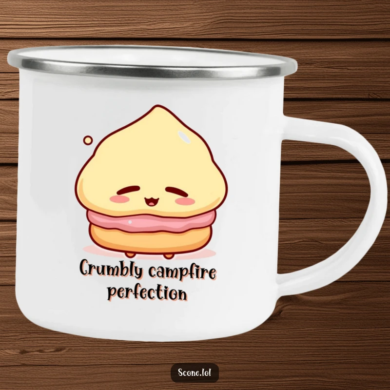 Funny Camping Mug featuring a scone character sighing contentedly, embracing the joy of nature and a warm beverage.