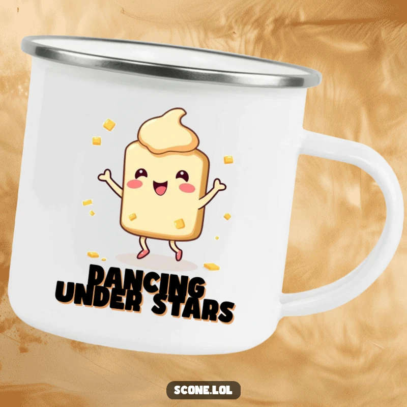 Funny Scone Camping Mug: A durable mug featuring a happy scone character dancing with butter splatters, ready for humorous outdoor joy.