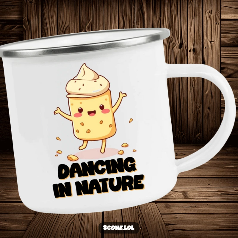 Funny scone camping mug showing a scone dancing and scattering crumbs, perfect for enjoying drinks with humorous outdoor vibes.