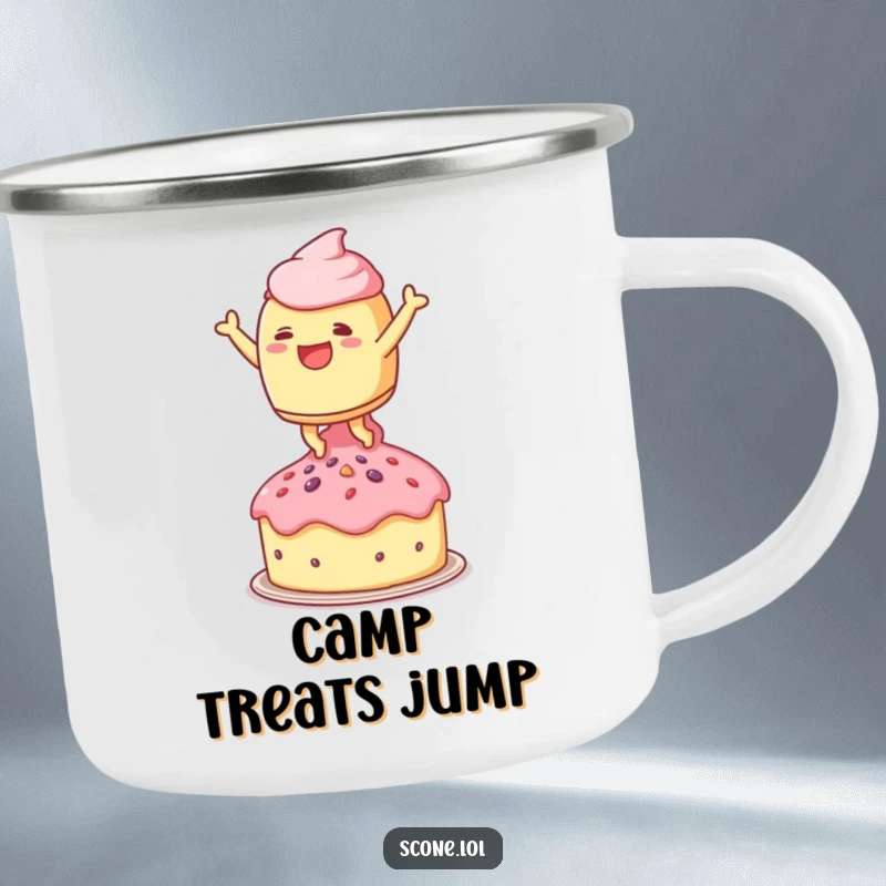 Funny camping mug with a scone character leaping joyfully onto a tiny teacake, perfect for joyful outdoor enjoyment.