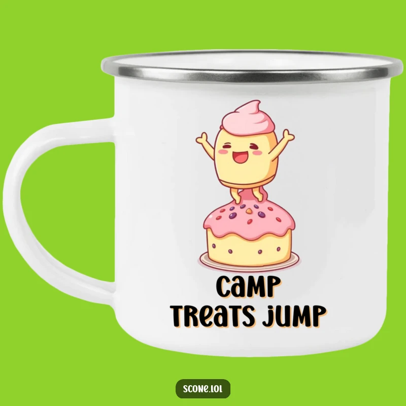 Funny Leaping Scone Camping Mug - Joyful Treat Companion for Adventures
