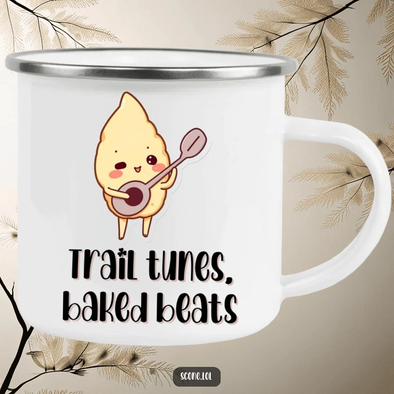 Funny camping mug showing a scone character playing a tiny spoon like a musical instrument, perfect for campfire singalongs.