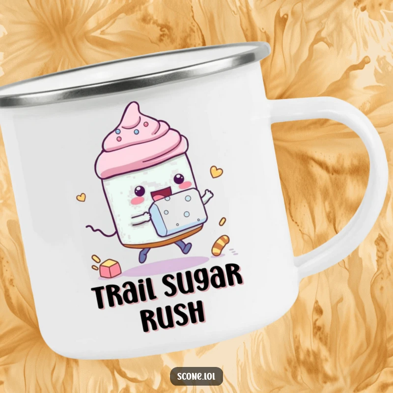 Funny camping mug showing a scone character playfully racing a sugar cube, perfect for enjoying coffee during a campfire competition.