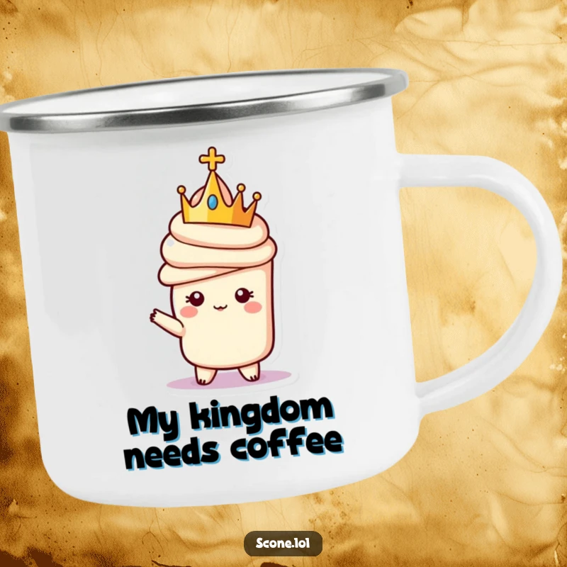 Funny camping mug showing a scone character wearing a crown and posing regally, ready for outdoor adventures with humor.