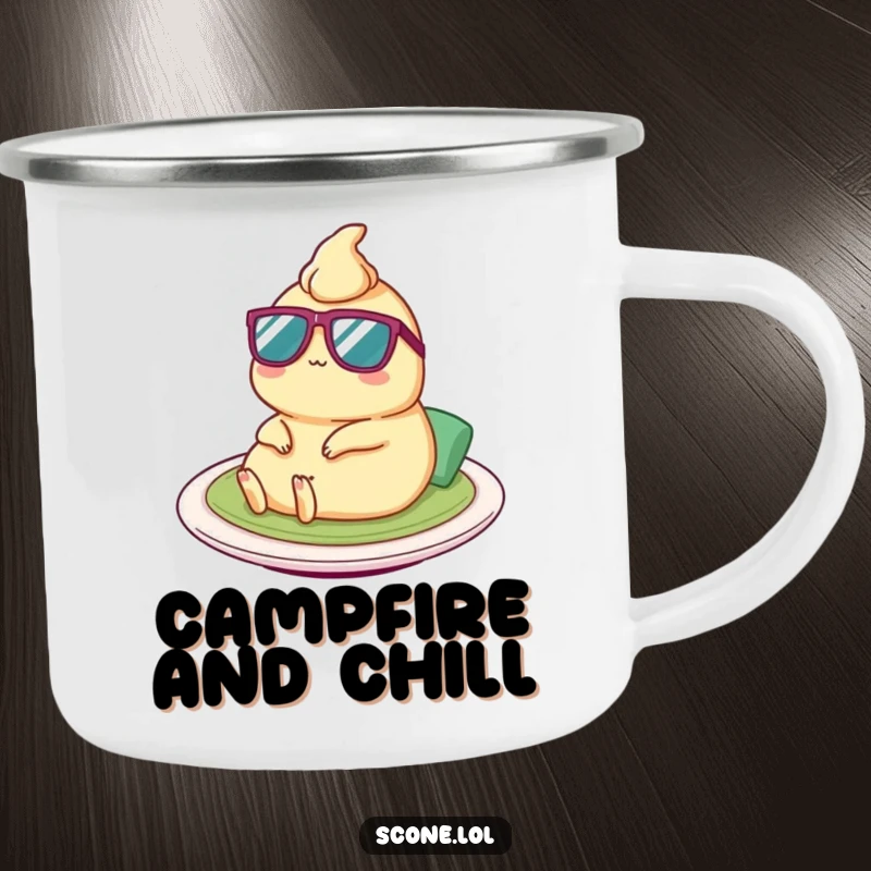 Funny Satay Camping Mug: A durable mug featuring a satay character with tiny sunglasses, ready for humorous outdoor adventures.