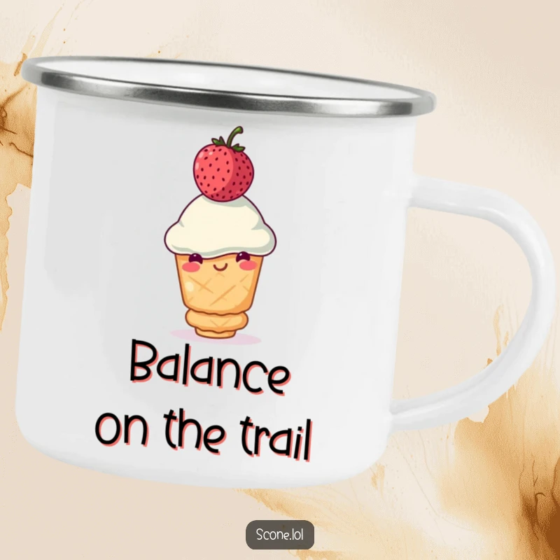 Funny scone camping mug with a smiling scone balancing a wobbly berry on its head, perfect for outdoor lovers and as a funny gift.