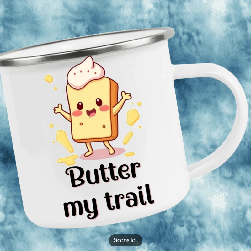 Funny Camping Mug: A happy scone character dances with butter splatters flying around, bringing a humorous and cheerful vibe to outdoor drinks.