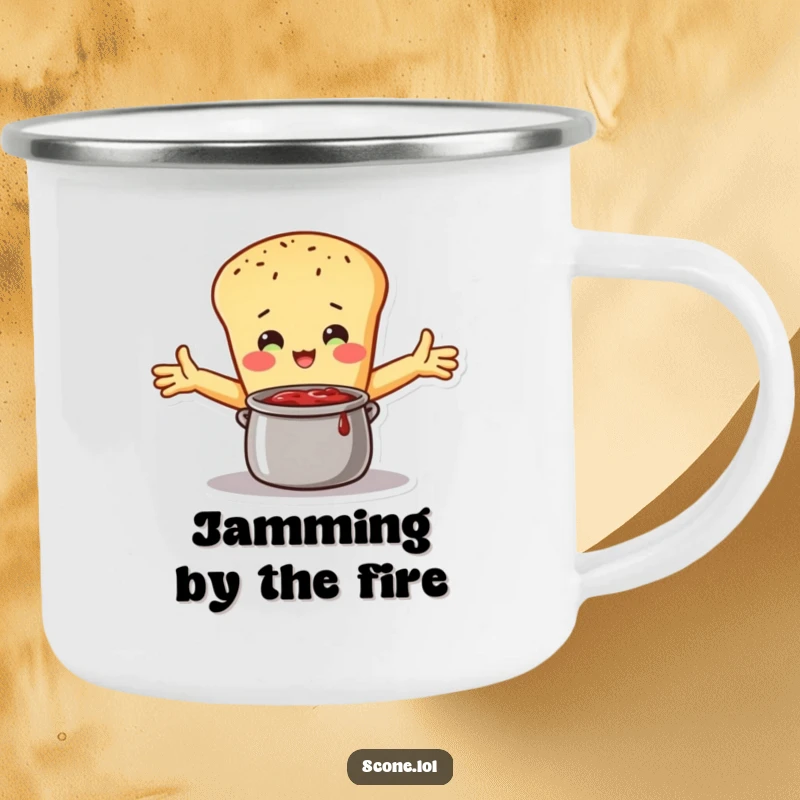 Funny Camping Mug: A scone character embraces a pot of jam with open arms, bringing a humorous and sweet vibe to outdoor drinks.