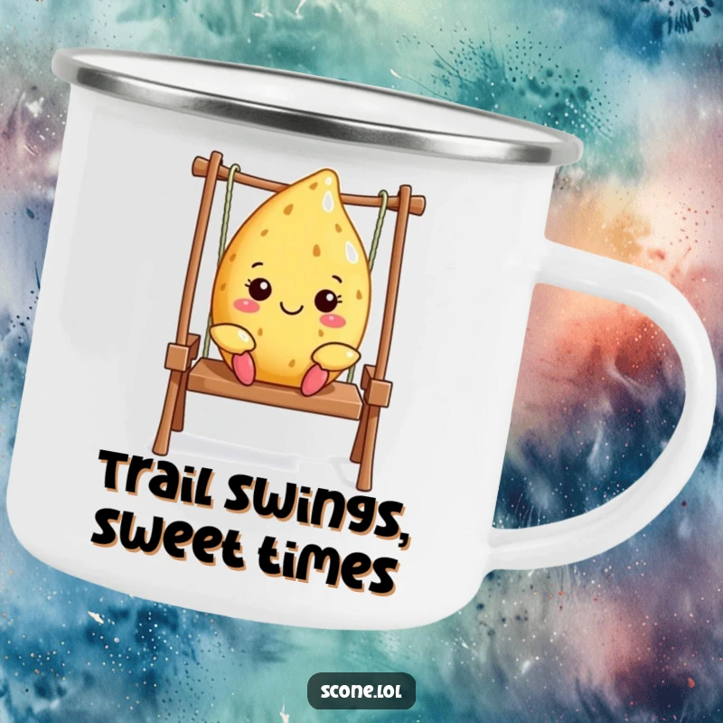 Funny Scone Camp Mug: A happy scone swings, perfect for enjoying drinks outdoors with carefree vibes. Great funny gift.