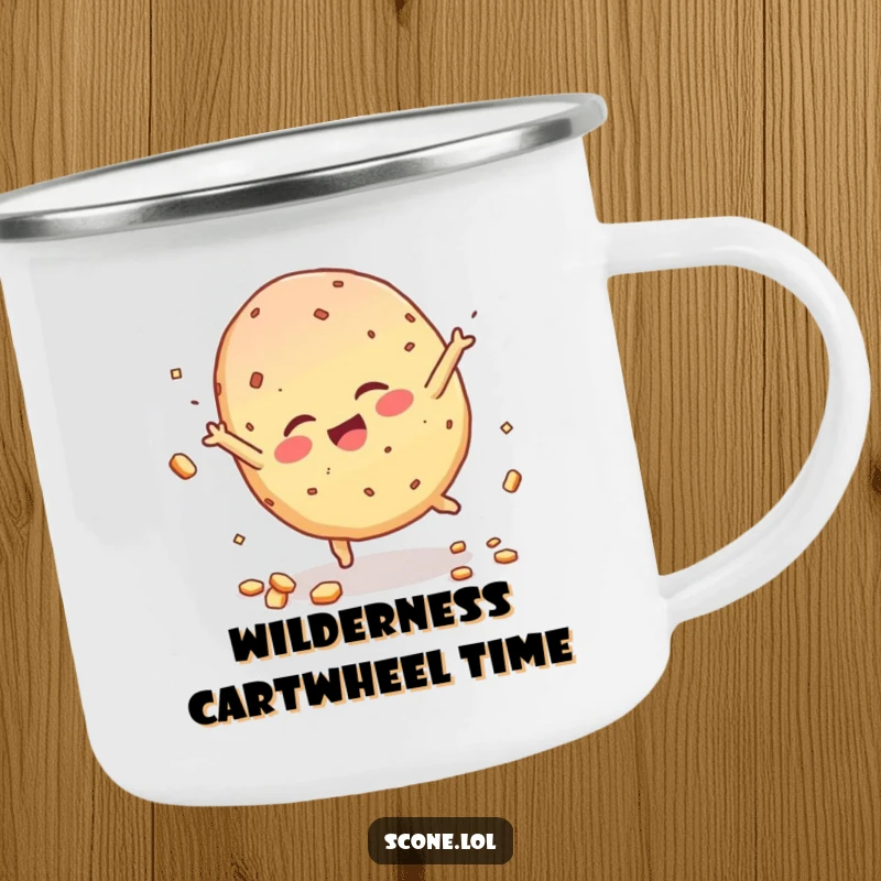 Funny Scone Character Camping Mug, giggling mid-cartwheel, crumbs flying, ready for outdoor adventures and laughs.