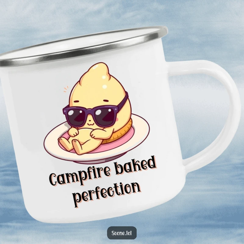 Funny scone character in tiny sunglasses relaxing on a plate, a durable camping mug for humorous outdoor enjoyment and baked good vibes.