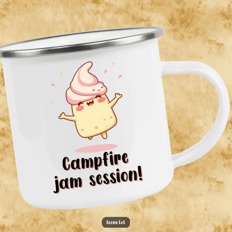 Funny Camping Mug featuring a scone character doing a celebratory spin, perfect for enjoying drinks outdoors with a festive spirit.