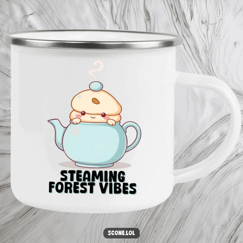 Funny Camping Mug featuring a scone character peeking from behind a steaming teapot, perfect for enjoying drinks outdoors with a cozy and mysterious vibe.