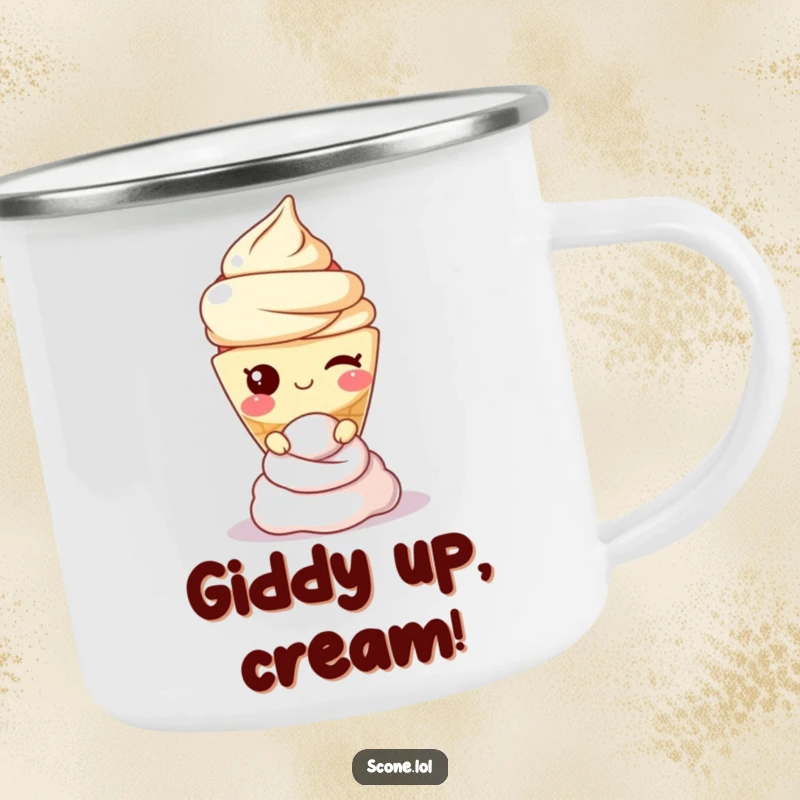 Funny scone character winking while balancing cream, a sturdy and humorous camping mug for adventurers.