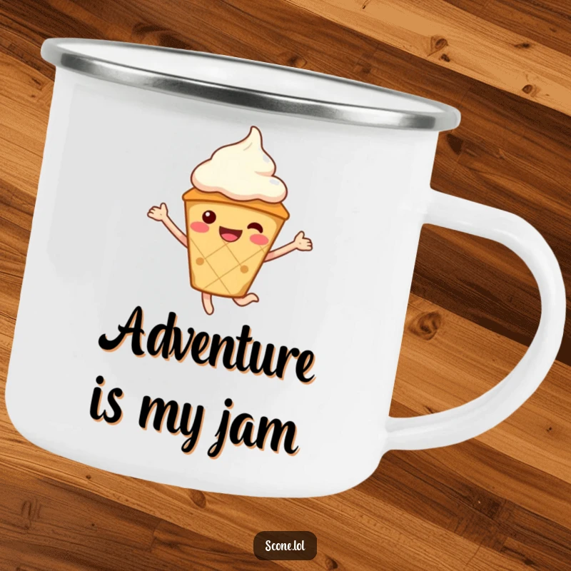 Funny Scone Character Camping Mug, wearing a cream hat, jumping joyfully, ready for outdoor adventures.