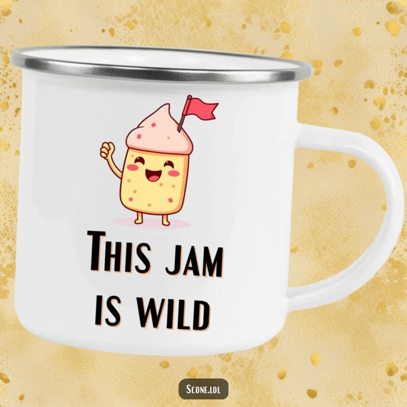 Funny Scone Character Camping Mug, waving a jam jar flag with enthusiasm, ready for outdoor celebrations and laughs.