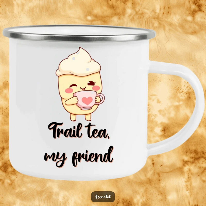 Funny Scone Character Camping Mug, winking with a miniature teacup, ready for rustic charm and humor.