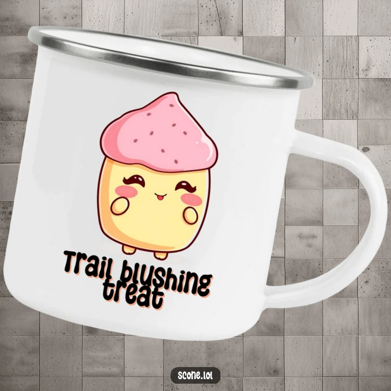 Funny camping mug with a scone blushing while receiving a compliment, ideal for sweet outdoor enjoyment.