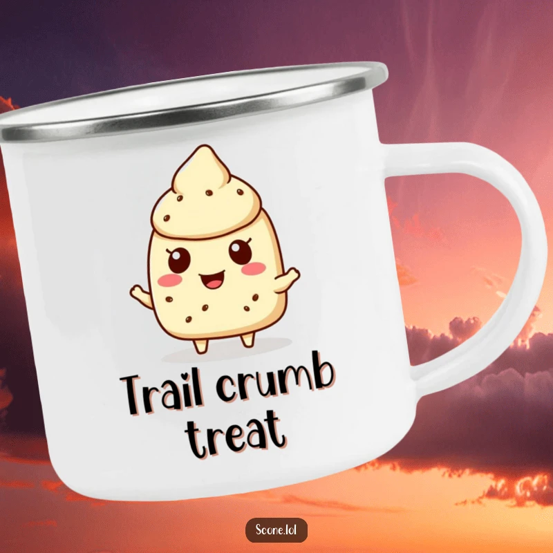 Funny scone character camping mug showing a scone cheerfully offering a crumb, perfect for enjoying drinks outdoors with a sweet gesture.