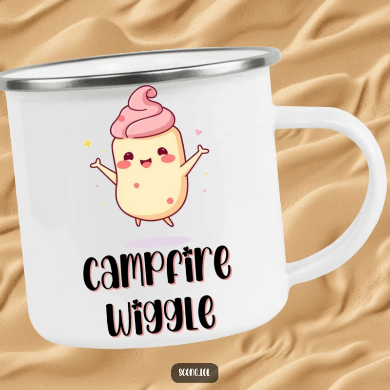 Funny scone character camping mug showing a scone doing a wobbly, happy dance, perfect for enjoying drinks outdoors with a playful spirit.