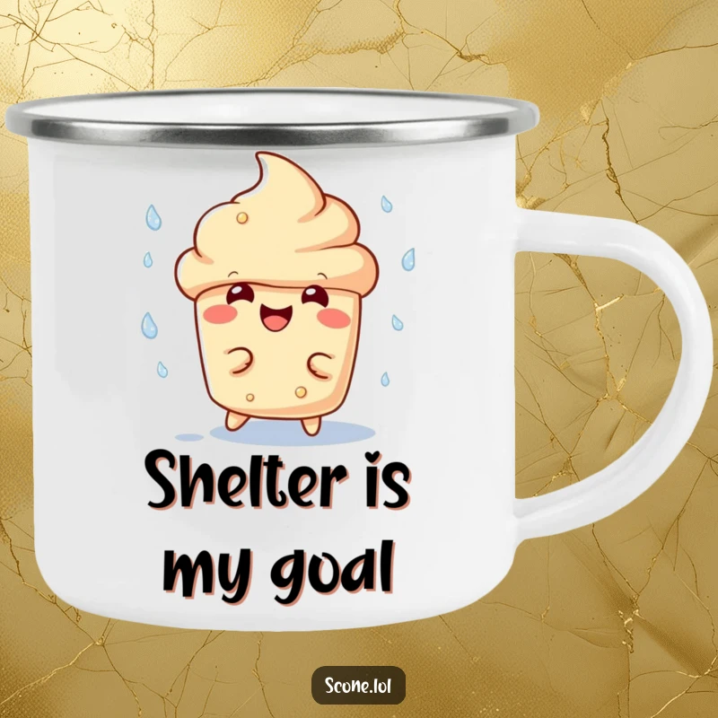 Funny scone character camping mug, joyfully dodging raindrops with a wide grin, ready for any outdoor adventure.