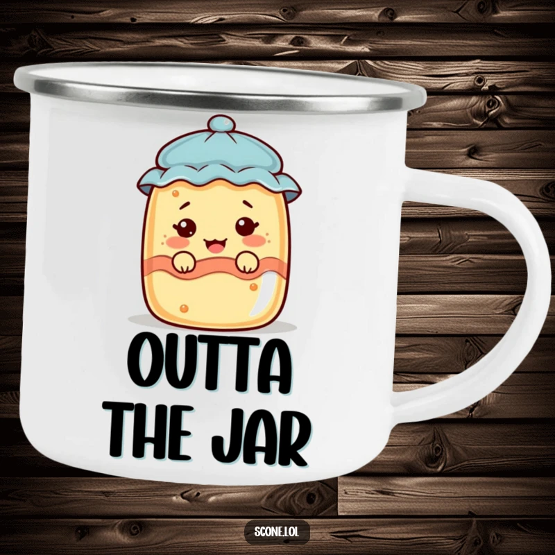 Funny scone character peeking from a jam jar, making a funny face, on a rugged camping mug.